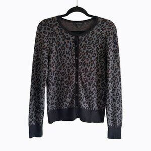 Ann Taylor Leopard Cardigan Sweater Sz M Button-Up Charcoal Gray Preppy Mob Wife